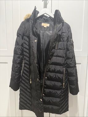 MICHAEL Michael Kors Black Quilted Long Puffer with Faux-Fur Hood Trim